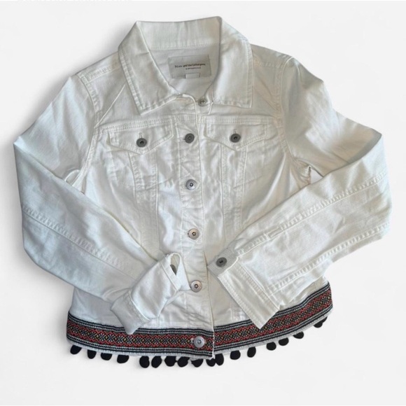 Anthropologie Denim Jacket x Pilcro & The Letterpress White Cropped w/ PomPoms - Picture 2 of 7